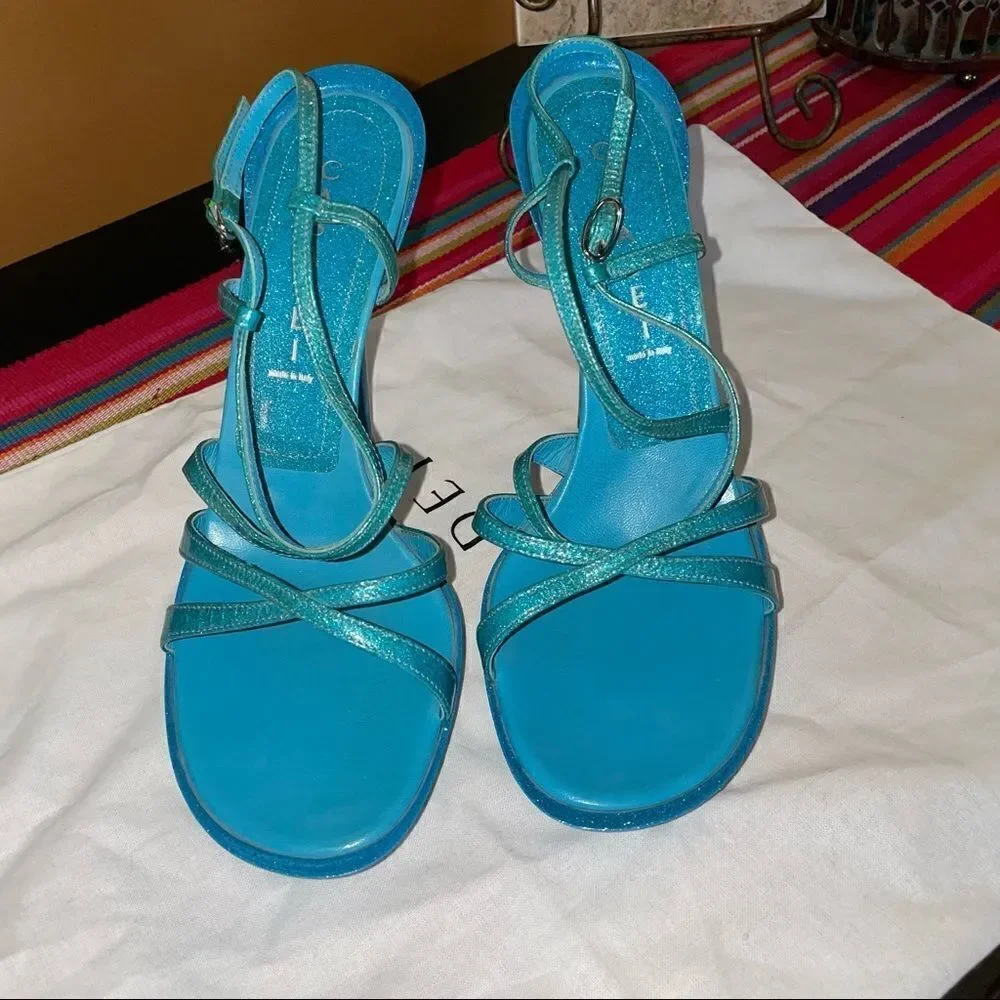 🆕 NEW Casadei Sparkling Strappy Stiletto Heels – Blue Glitter